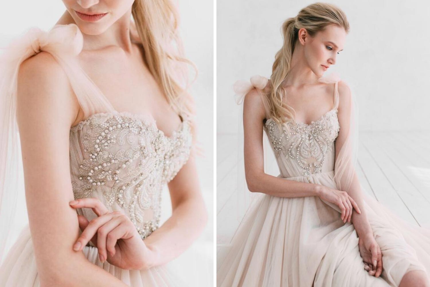 Пудрове, нюдове плаття нареченої фото