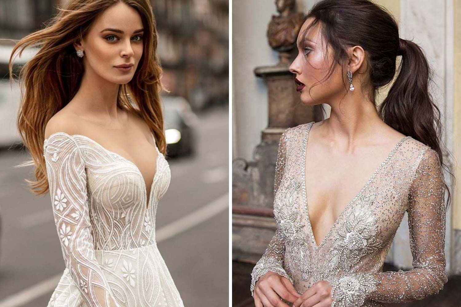 Весільна зачіска до сукні з глибоким декольте фото