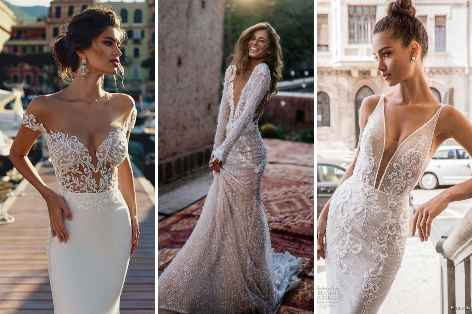 Зачіска до весільної сукні з глибоким вирізом фото