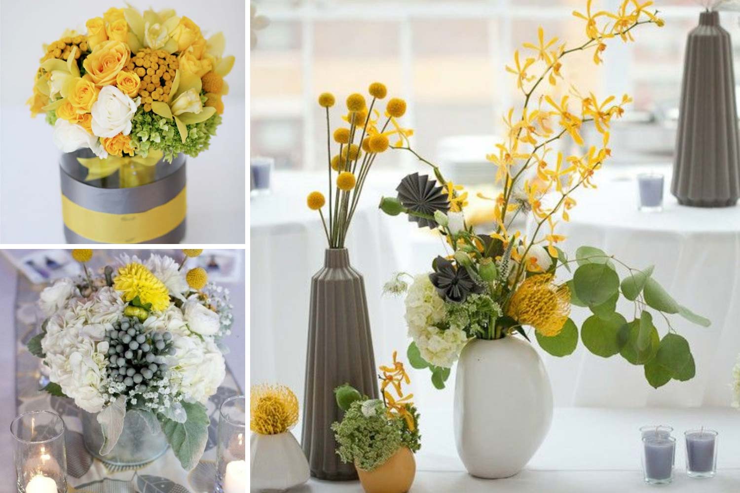 Центральні композиції на весілля в жовто-сірих кольорах фото
