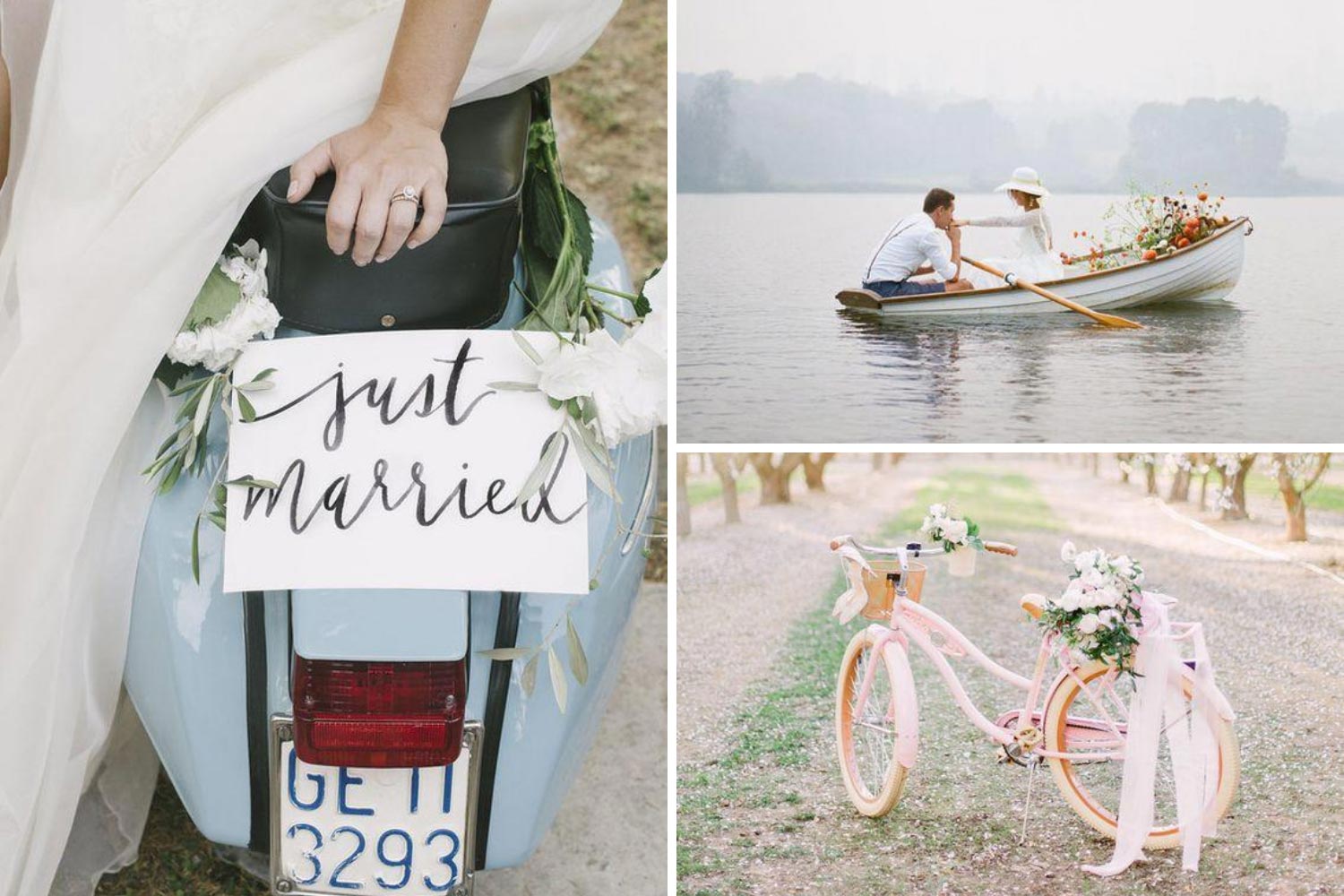 еобычный транспорт на свадьбу фото: лодка, велосипед, мопед 