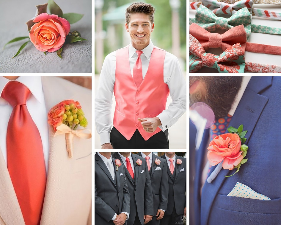 коралловые детали в образе жениха