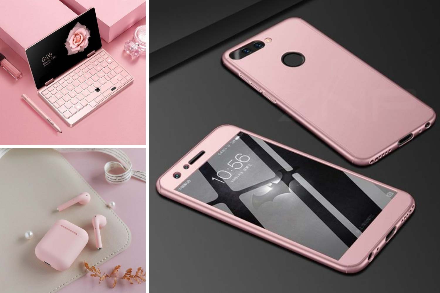 Рожевий смартфон, навушники, ноутбук фото