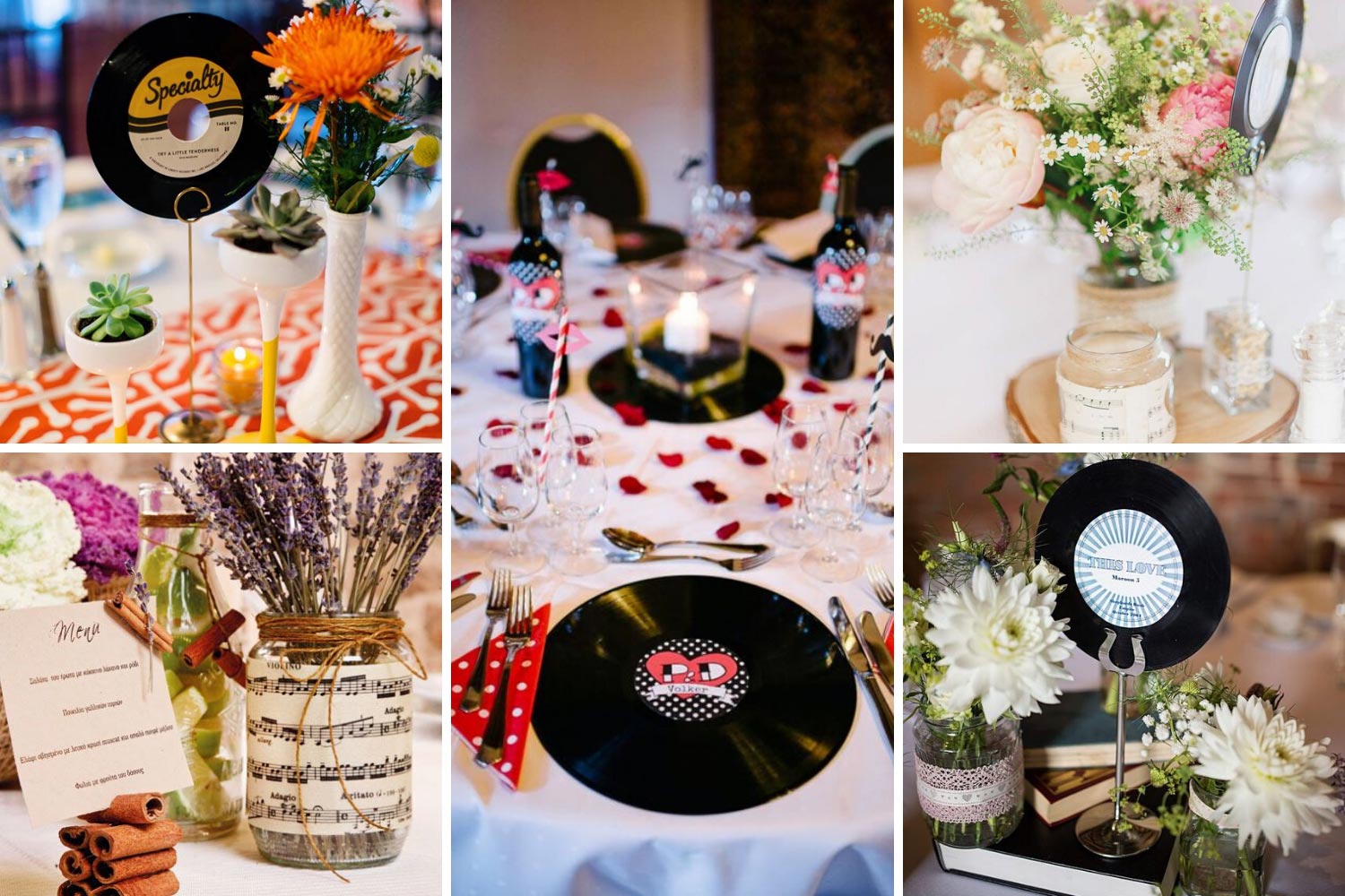 Оформлення столів гостей: центральні композиції з пластинками ідеї