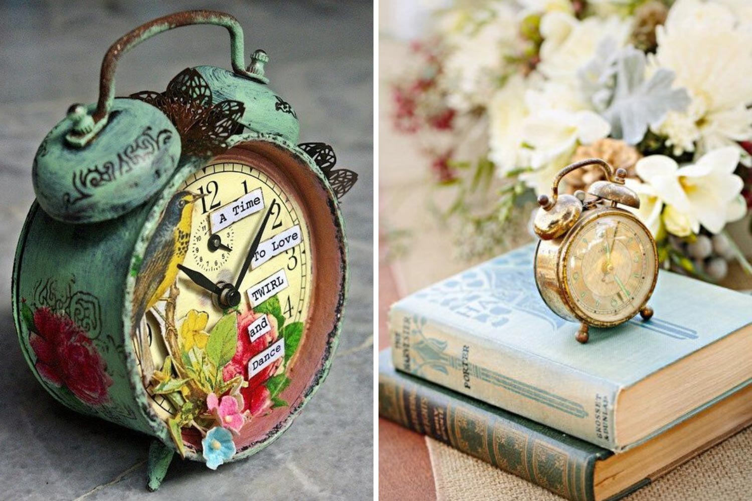 Винтажные композиции на столы: старинные часы, книги фото 