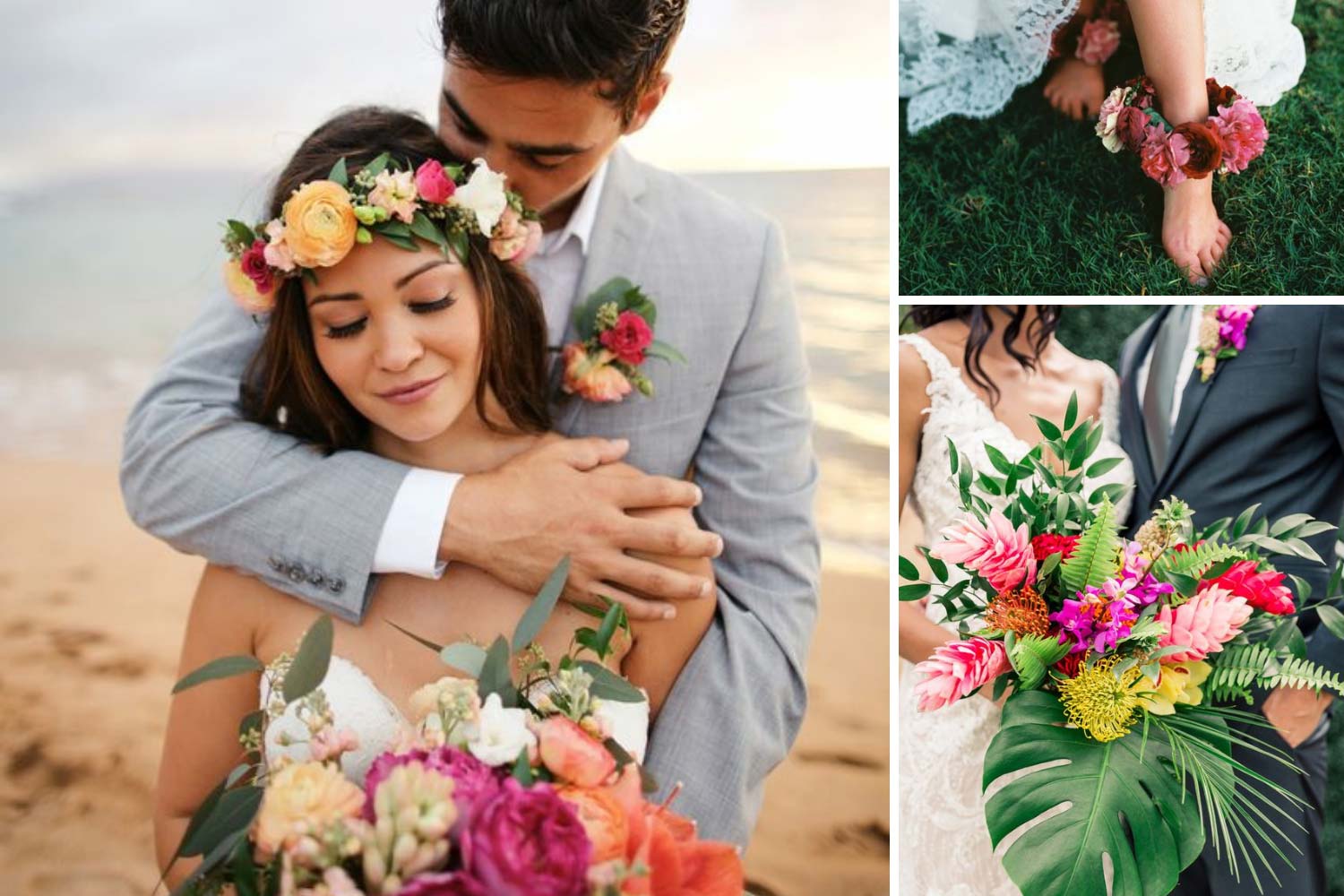 Тропическая свадьба, жених и невеста, цветы фото 