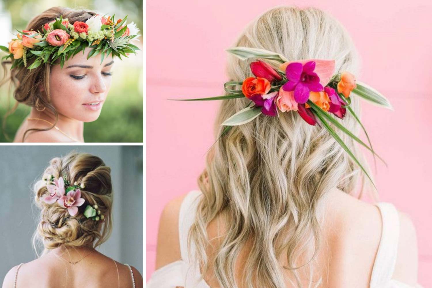 Прическа невесты с тропическими цветами фото 