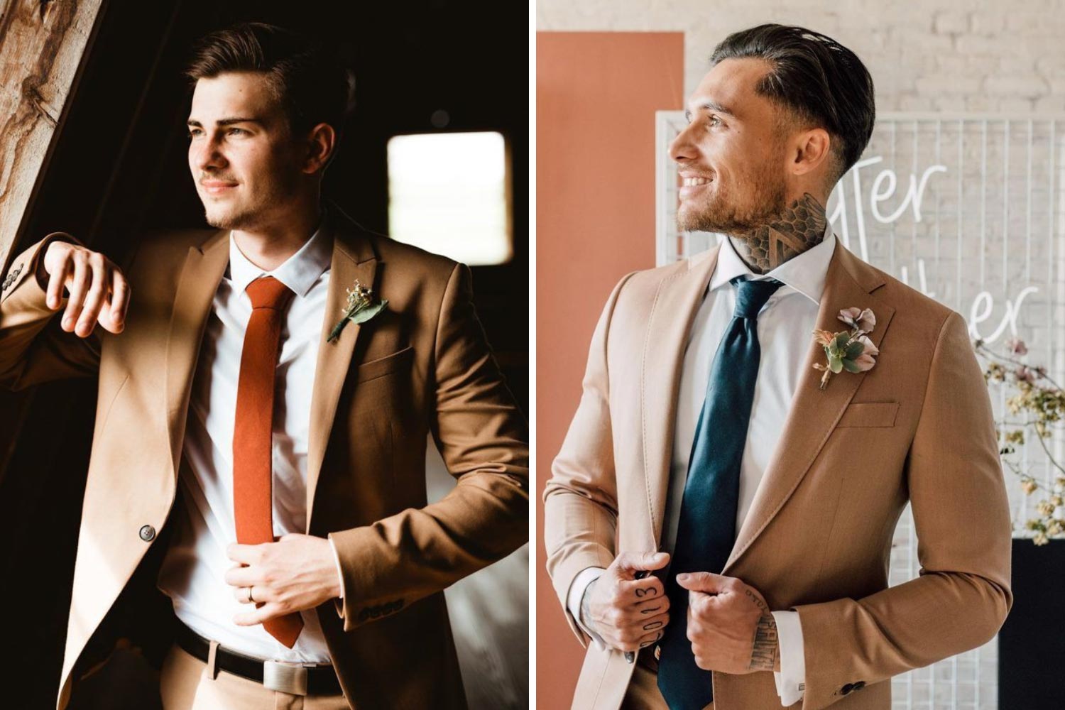 Модний костюм нареченого в пісочно-коричневих тонах фото 