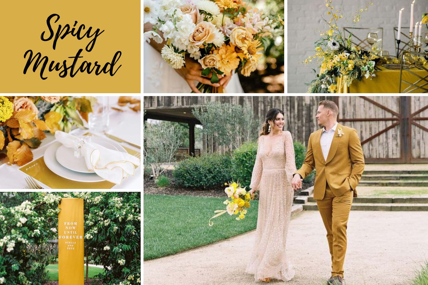 Гірчичне весілля Spicy Mustard: жовтий букет нареченої, декор арки фото