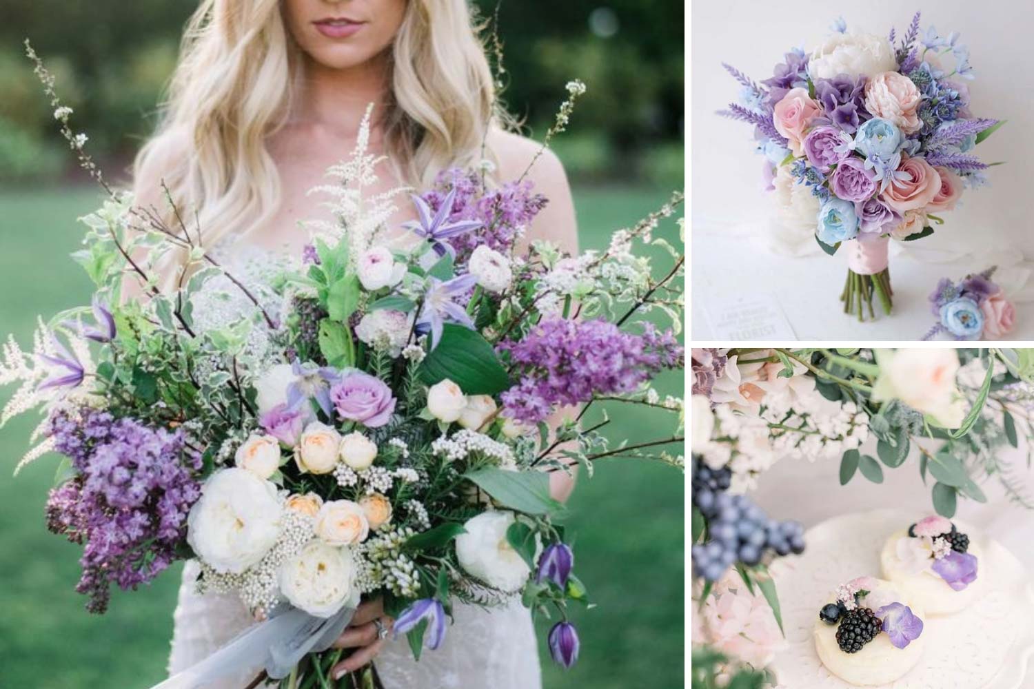 Букеты невесты в сине-фиолетовых тонах, декор сладостей цветами фото