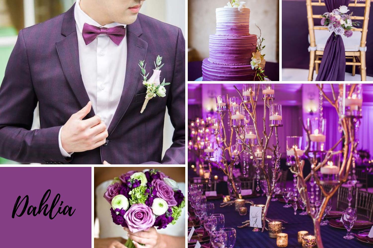 Пурпурный костюм жениха, букет, фиолетовый торт фото 
