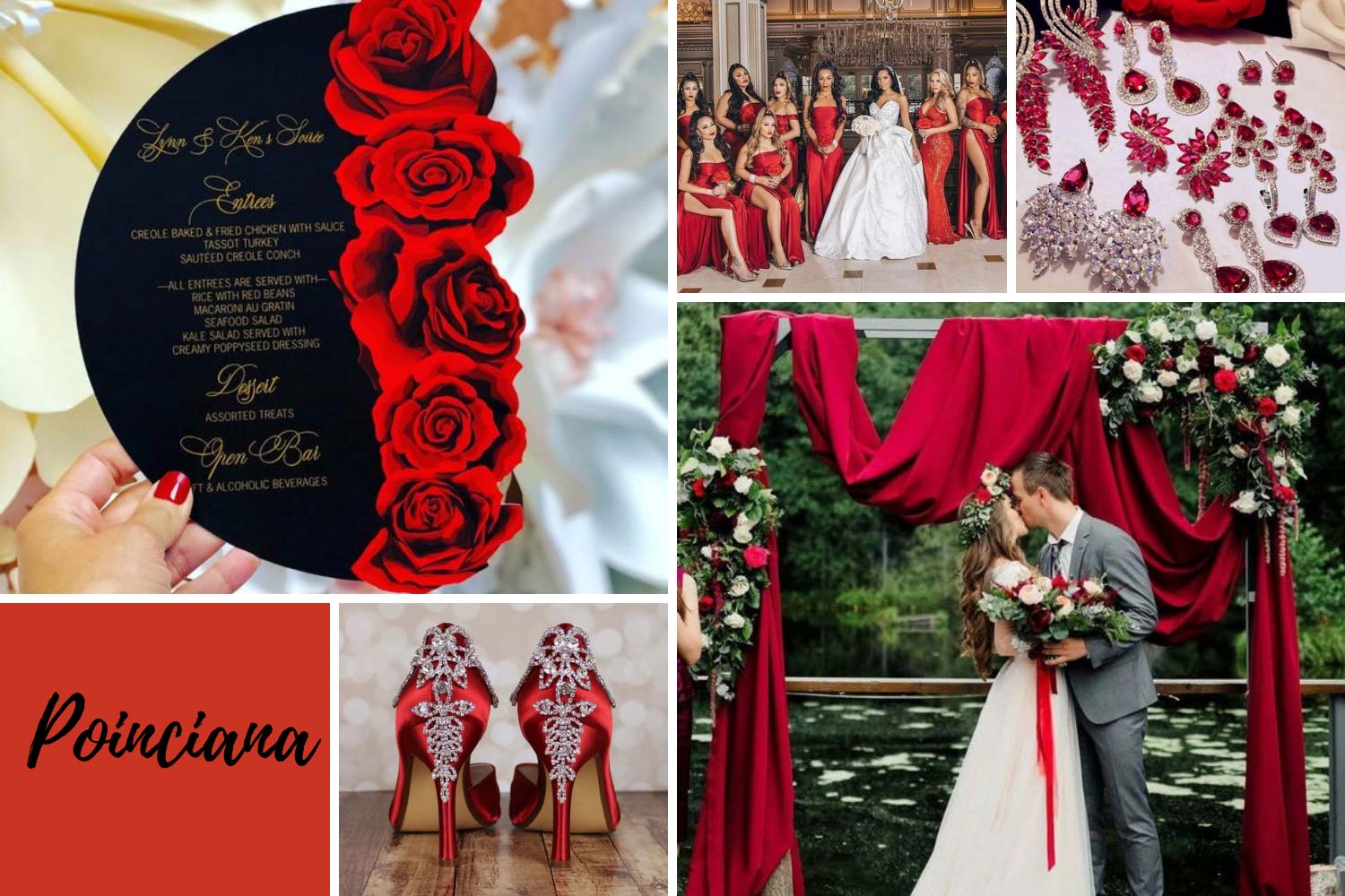 Алые свадебные туфли, красные платья свидетельниц, драгоценности с красными камнями фото  