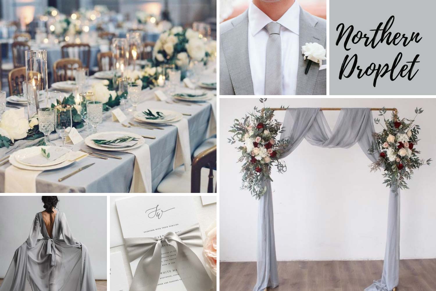 Серое свадебное платье, серый костюм жениха, сервировка в серых тонах фото 