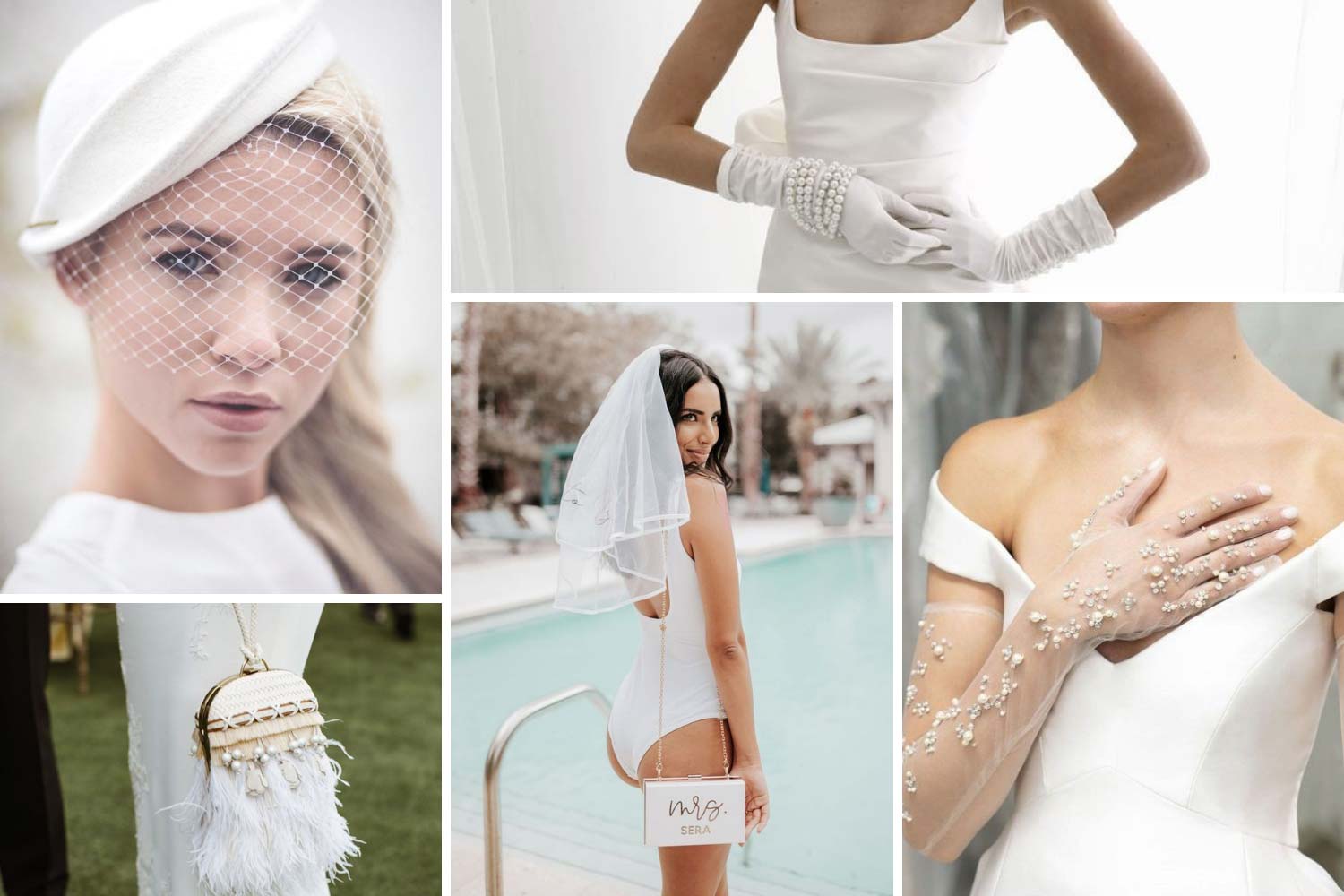 Аксесуари для молодої: рукавички, сумочка, фата-клітка фото.