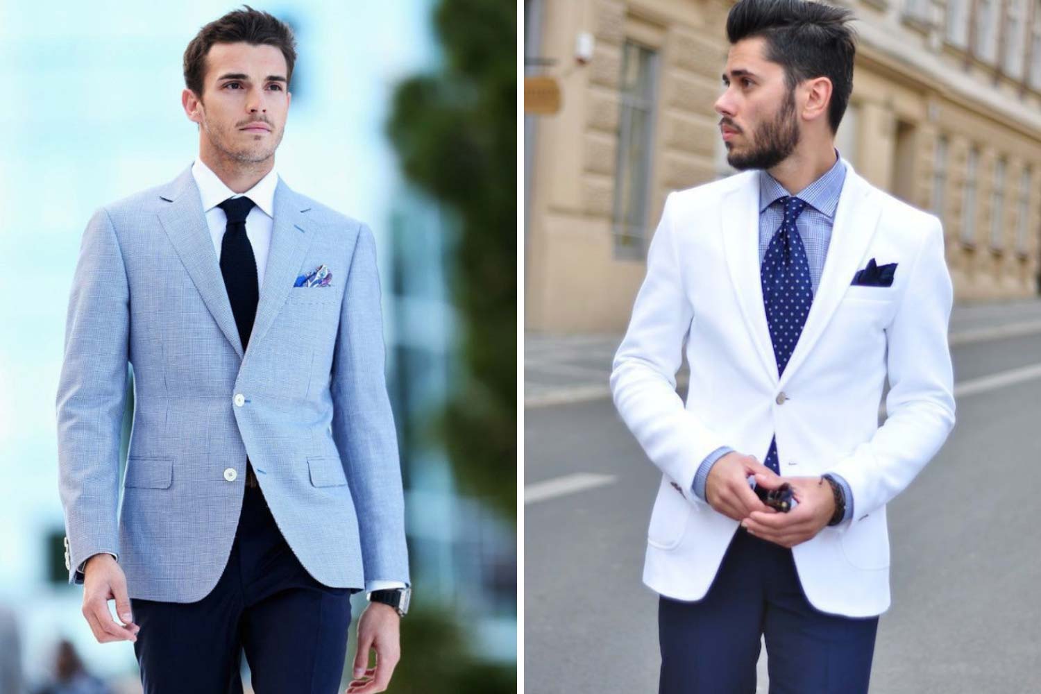 Светлый пиджак и темные брюки в образе жениха 2022