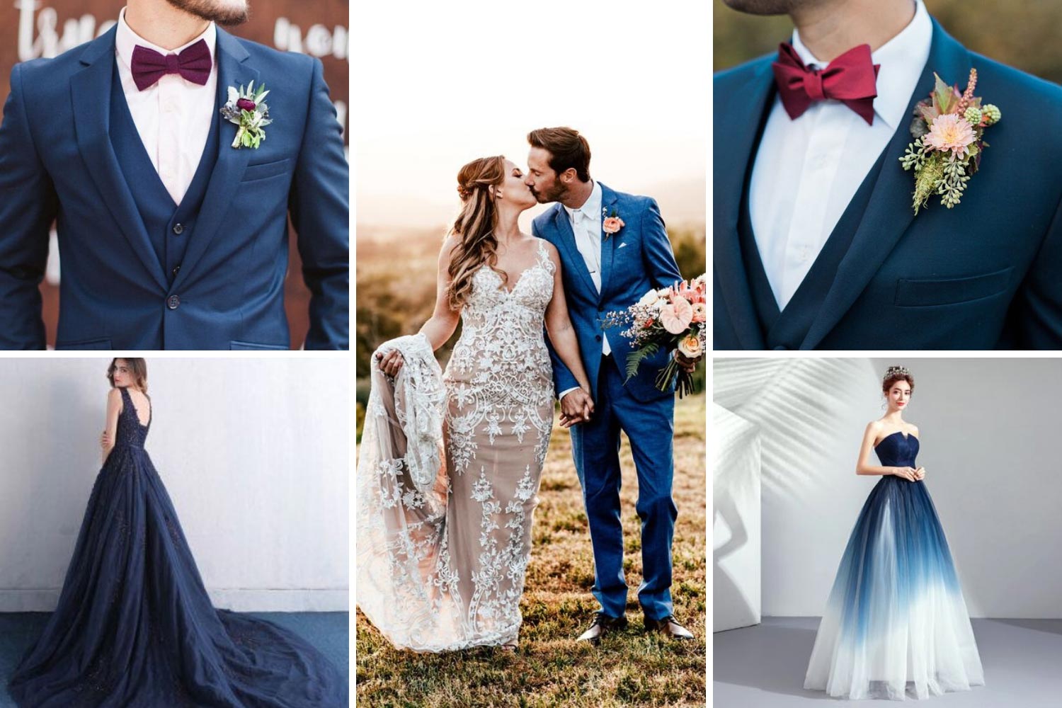 Синій костюм нареченого і синя весільна сукня фото