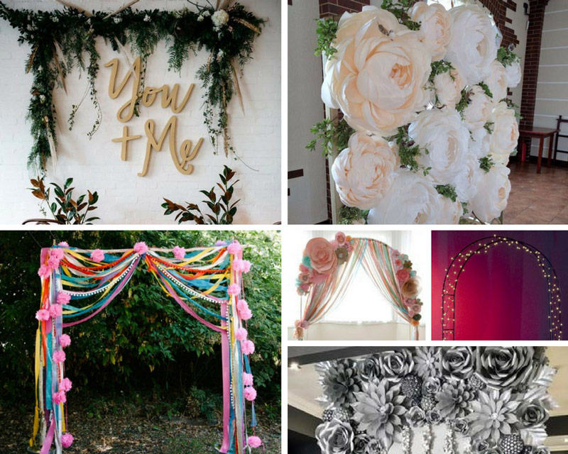 бумажные цветы и лампочки на арке