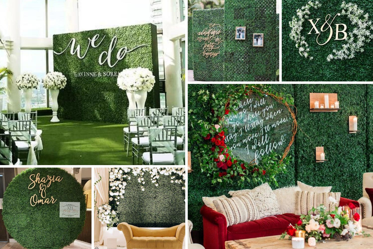 Зеленая фотозона на свадьбу из травы фото