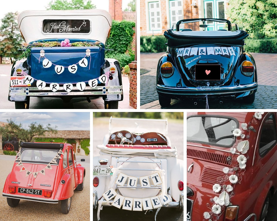 весільна машина з паперової гірляндою