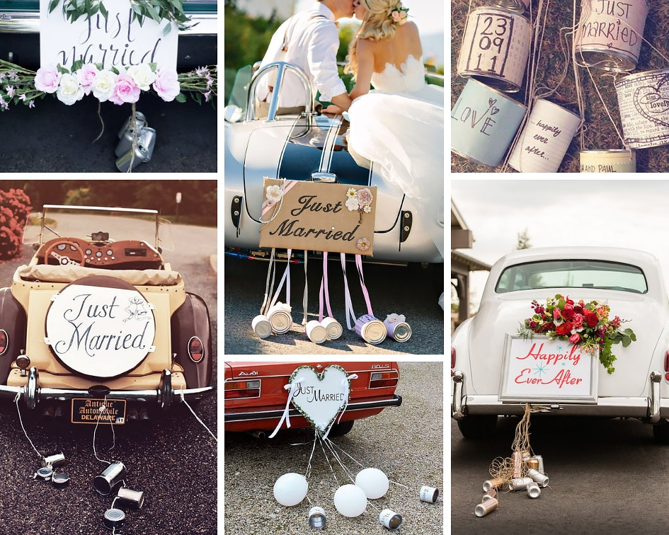 залізні банки на весільній машині фото