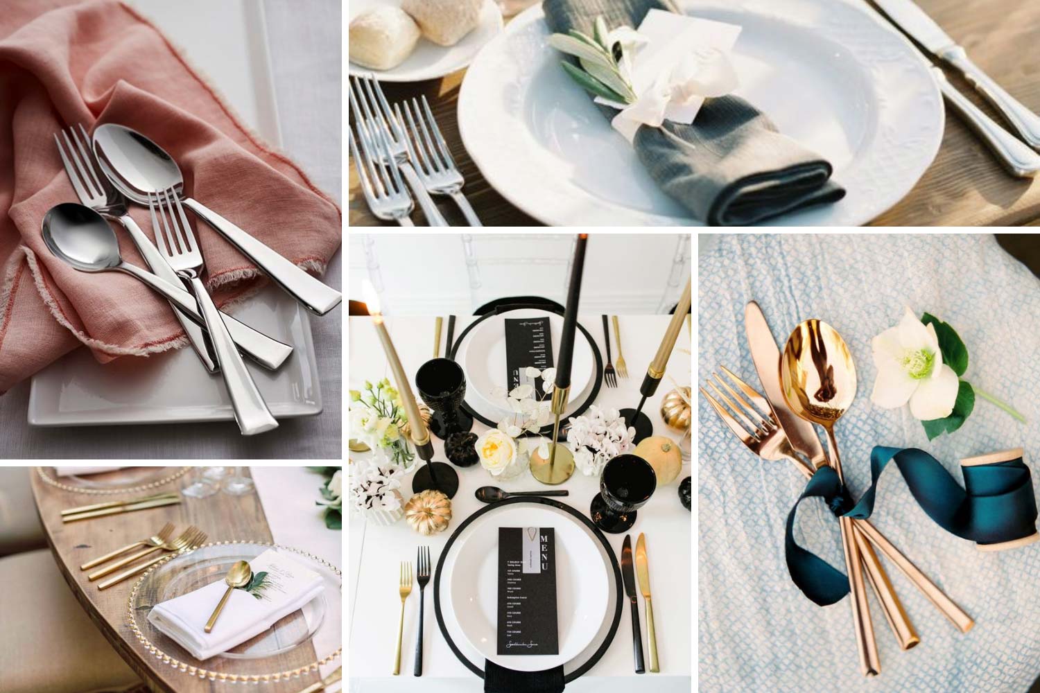 Біле, чорне, золоте столове приладдя для сервіровки фото