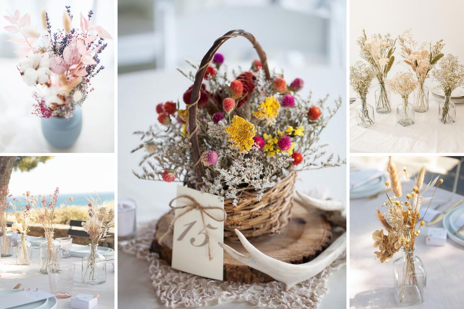 Композиции на столы гостей на свадьбу с сухоцветами  