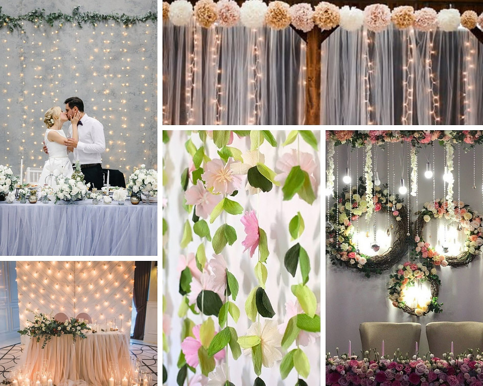 фон за столом молодят гірлянди